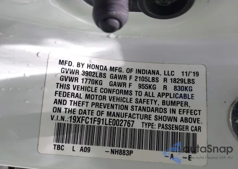 2020 Honda Civic Touring из США, поврежденный, VIN 19XFC1F91LE002767